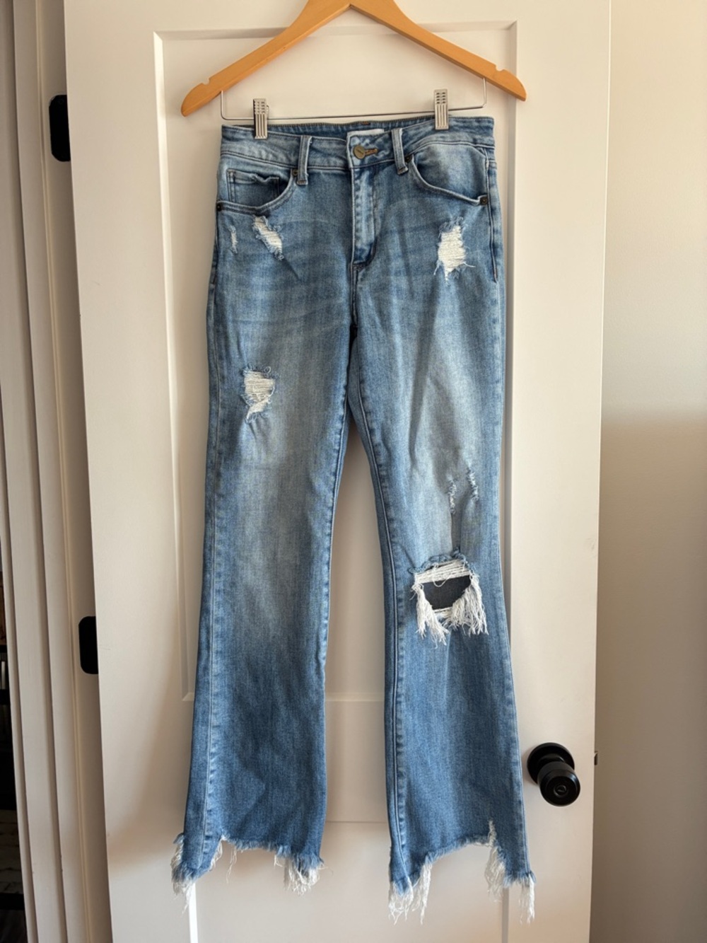 Light Blue Distressed Flare Jeans - Women's Wide Leg